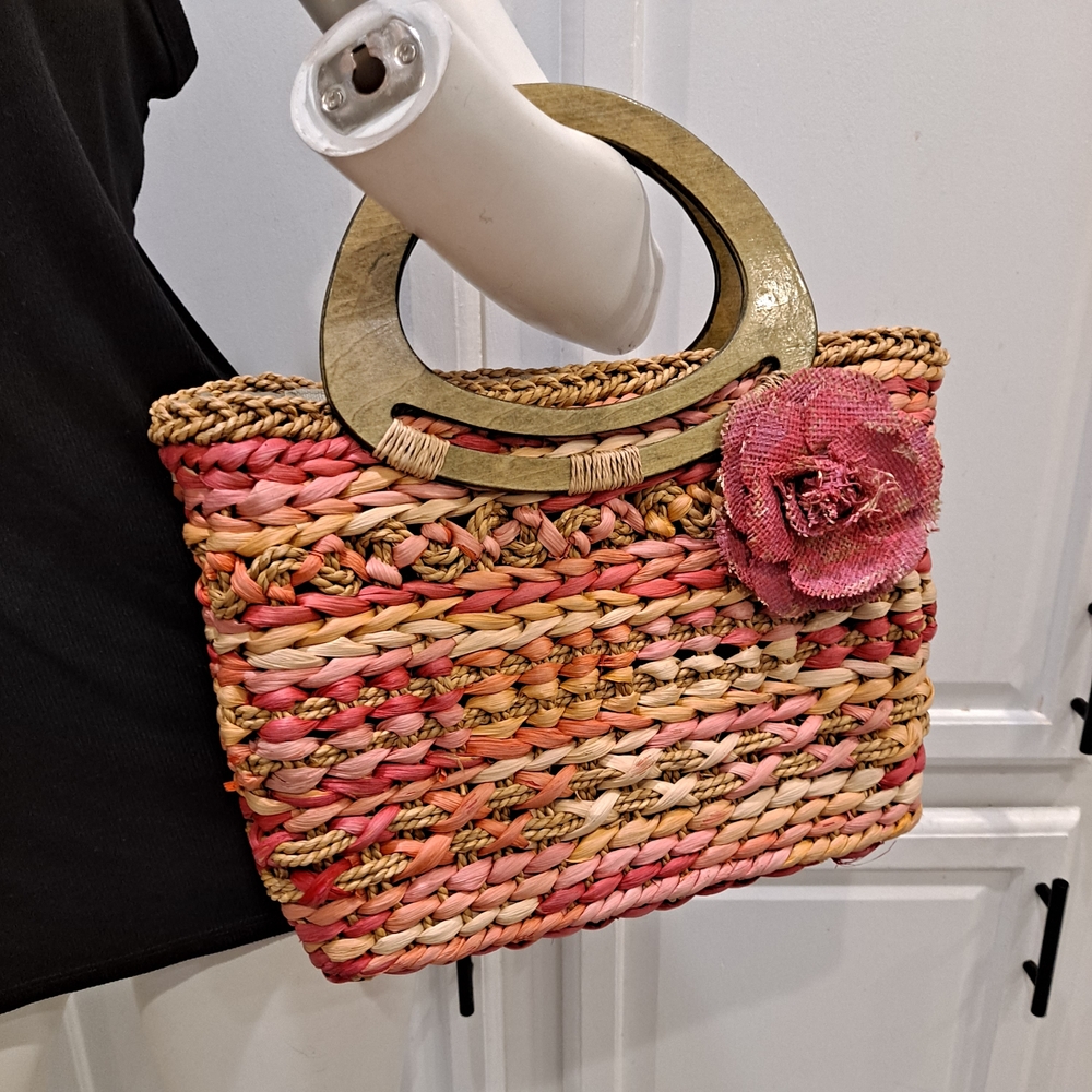 Woven Pink Multicolored Tote with Floral Accent and Wooden Handles